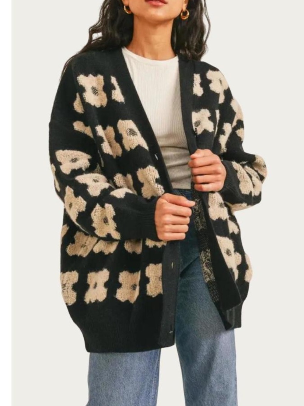 Sadie & Sage Black & Cream Chunky Textured Floral Knit oversized Cardigan S/M